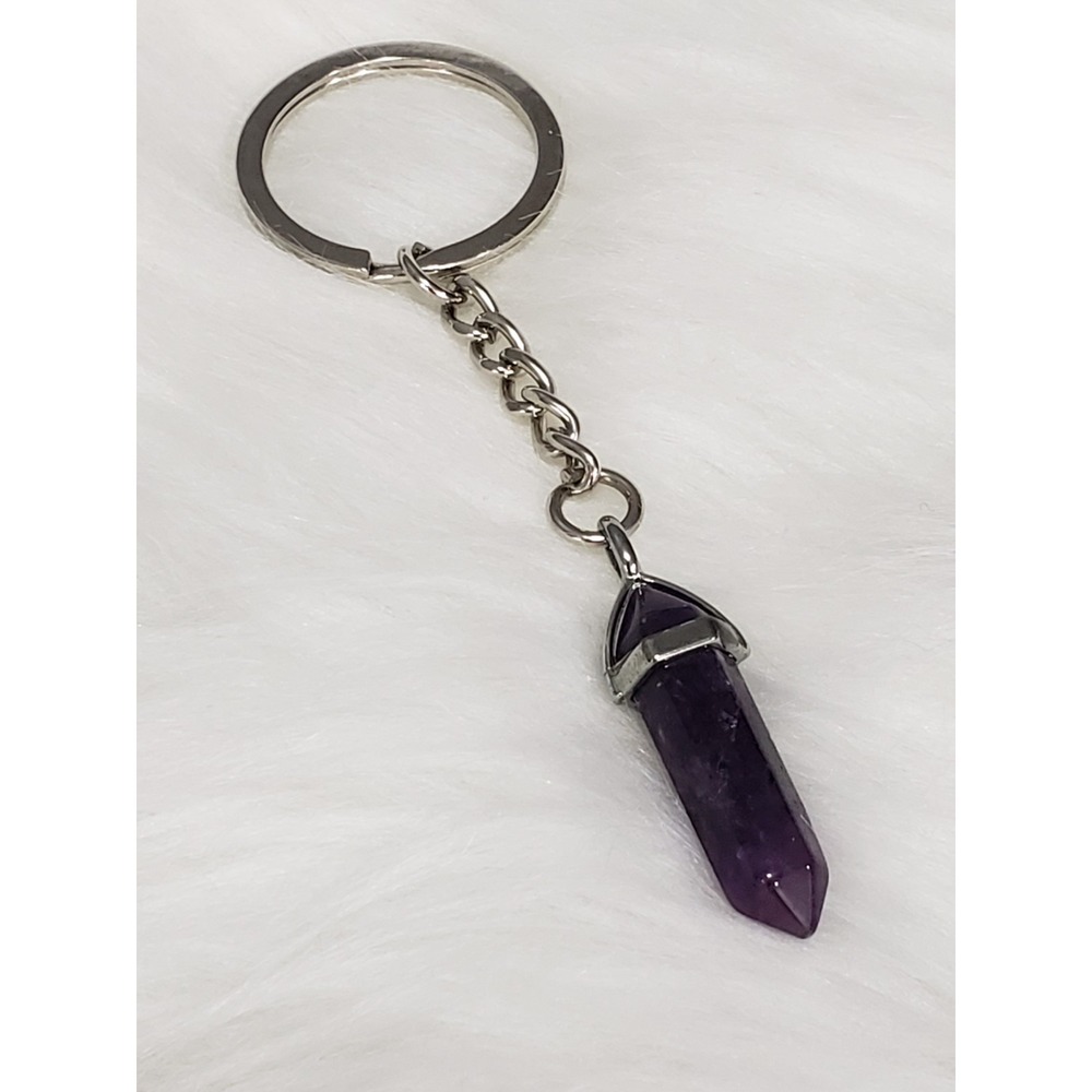 Amethyst Point Wand Stone Crystal Keychain witchy hippie bag charm purple silver